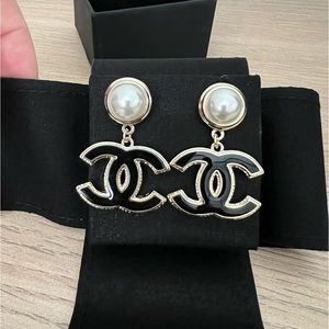Chanel Classic Black CC Logo Pearl Dangle Earrings